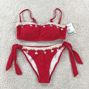 B2PRITY Red Bikini Set Seashell Starfish Charms Crochet‎ Trim Small NEW